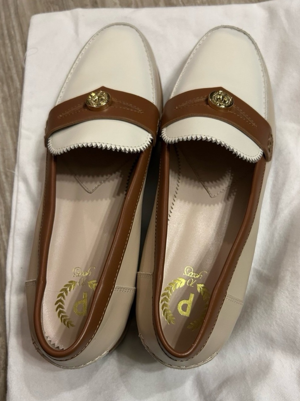 Pollini Cream and Brown Leather Loafers with Gold Emblem